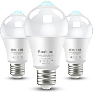 3-Pk Boxlood 12W A19 E26 LED Motion Sensor Light Bulb (6000K Daylight) $9.10 