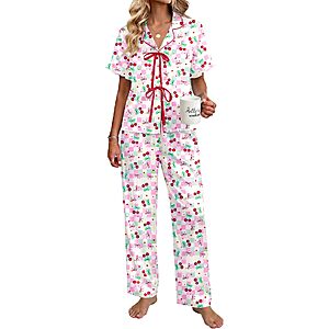 2-Pc Ekouaer Women's Satin Short Sleeve Pajama Set w/ Pockets (Various)