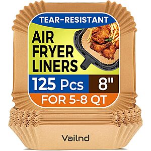 125-Ct 8" Vailnd Disposable Air Fryer Parchment Paper Liners (Square)