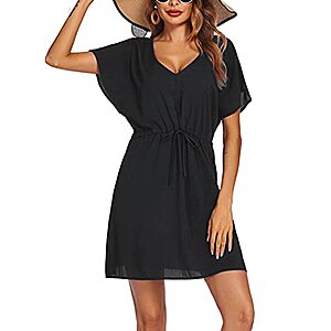 Ekouaer Women's Rayon Short Sleeve V-Neck Swimsuit Cover-Up Dress