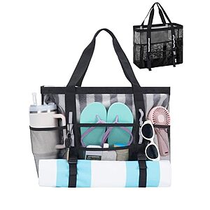 17" WANDF Large 41L Mesh Beach Tote Bag w/ 40oz Tumbler Pockets (Black or Blue)