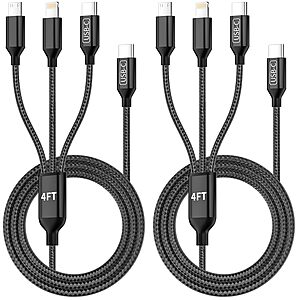 2-Pk 4' Jogrytece 3-in-1 USB-C/Micro USB/Lightning Nylon Braided Multi Charging Cable