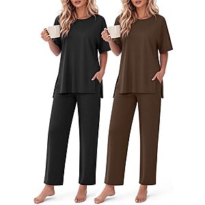 2-Pk 2-Pc Ekouaer Women's Short Sleeve Top & Long Pants Lounge Set