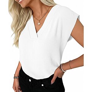 GKBK Women's V-Neck Cap Sleeve Textured Peasant Blouse