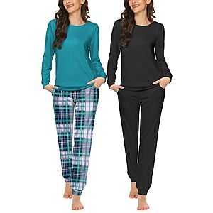 2-pk 2-pc Ekouaer Women's Long Sleeve Crew Neck Top & Jogger Pajama Set (various)