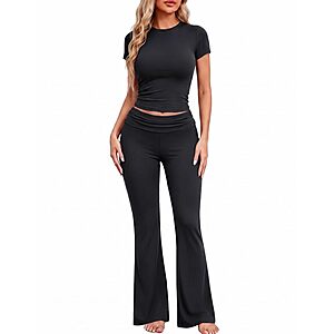 2-Pc Ekouaer Women's Pajama/Lounge Set w/ Crop Top & Flare Pants (various colors)