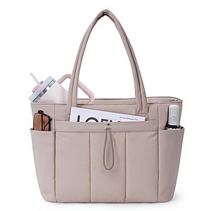 15.7" Wandering Nature Puffy Quilted Tote Bag w/ 15.6" Laptop Compartment (Beige)