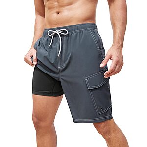 SILKWORLD Men's 9" Cargo Swim Trunks w/ Compression Liner