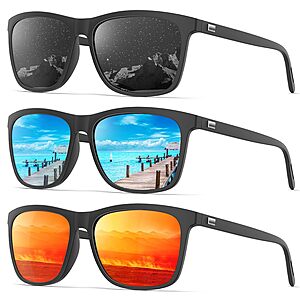 3-Pk KALIYADI Men's or Women's Polarized UV400 Rectangular Sunglasses (Various)