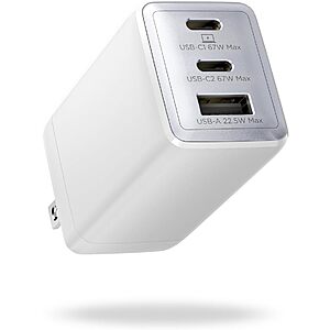 3-Port wegear 67W USB-C GaN Fast Charger w/ Foldable Plug (2x USB-C, 1x USB-A)