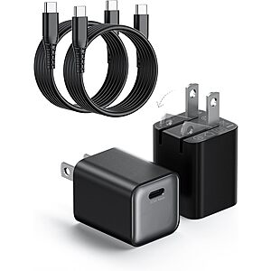 2-Pk Wegear 30W USB-C GaN III Wall Charger Block & Cable (Black or White)