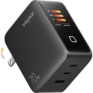 3-Port wegear 70W GaN III USB-C Charger Block w/ Smart Display & Touch $22.50 + Free S&H