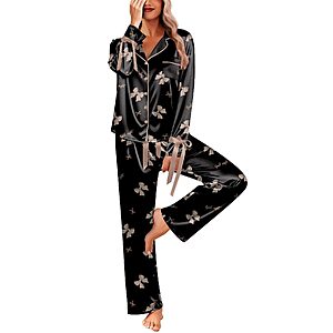 2-Pc Ekouaer Women's Satin Long Sleeve Button-Down Pajama Set (Various)