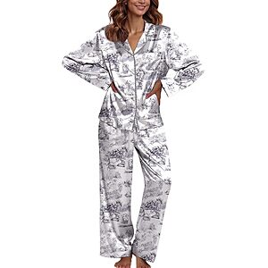 2-Pc Ekouaer Women's Satin Long Sleeve Button-Down Pajama Set