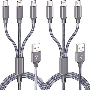 2-Pk 6' HaoKanDe MFi 3-in-1 Multi Charging Cable (Lightning, USB-C & Micro USB)