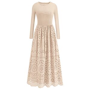Dowerme Women's Long Sleeve Crewneck Eyelet A-Line Maxi Dress (Various) $20 + Free S/H