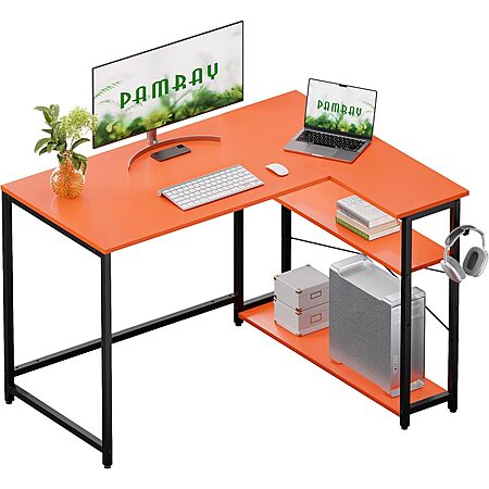 43" Pamray L-Shaped Computer Desk w/ Side Storage Shelves (Orange) $29.99 + Free Shipping w/ Prime or on $35+