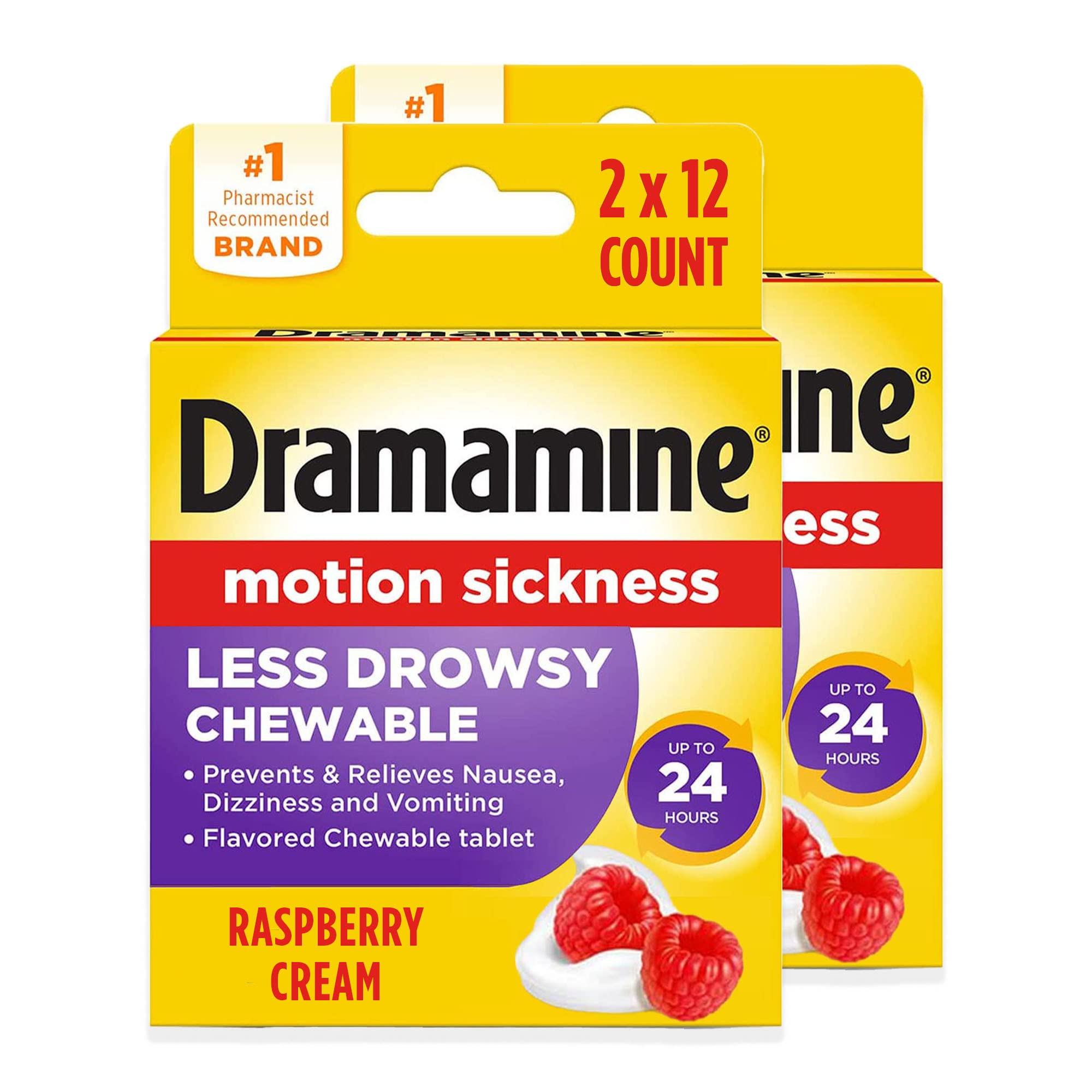 2-Pack 12-Count Dramamine Less Drowsy Motion Sickness Relief Chewable Tablets (Raspberry Cream) $6.15 w/ S&S + Free Shipping w/ Prime or on $35+