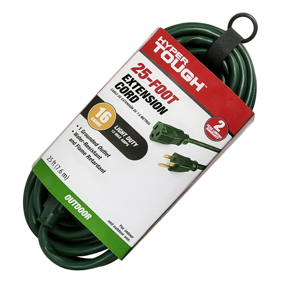 Hyper Tough 25FT 16AWG 3 Prong Green Single Outlet Outdoor Extension Cord - Walmart.com $9.94