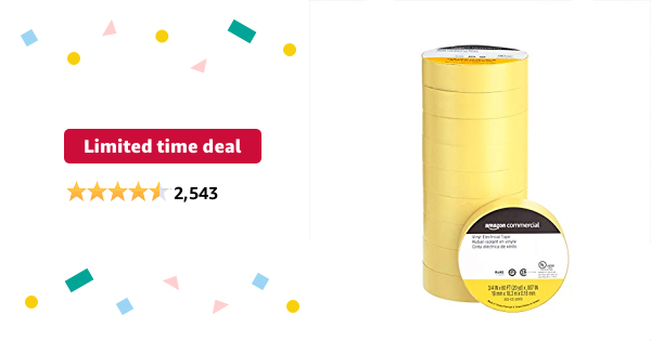 Limited-time deal: AmazonCommercial Vinyl Electrical Tape, 3/4 in x 60 ft x 0.007in (19 mm x 18.3 m x 0.18mm), Yellow, 10-Pack - $3.68