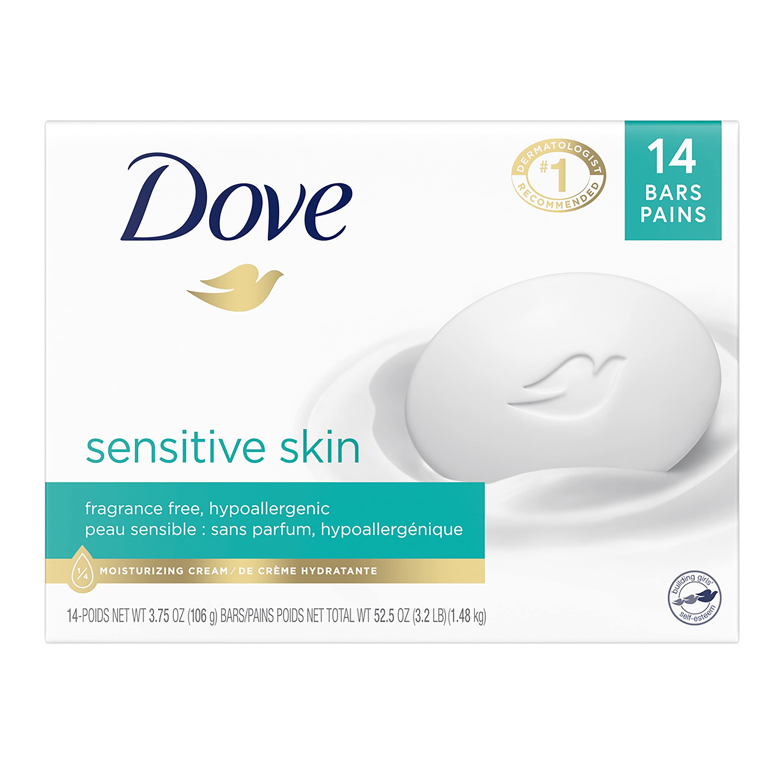 Dove Beauty Bar More Moisturizing Than Bar Soap for Softer Skin, Fragrance-Free, Hypoallergenic Beauty Bar Sensitive Skin With Gentle Cleanser 3.75 oz, 14 Bars - $12.24 Amazon