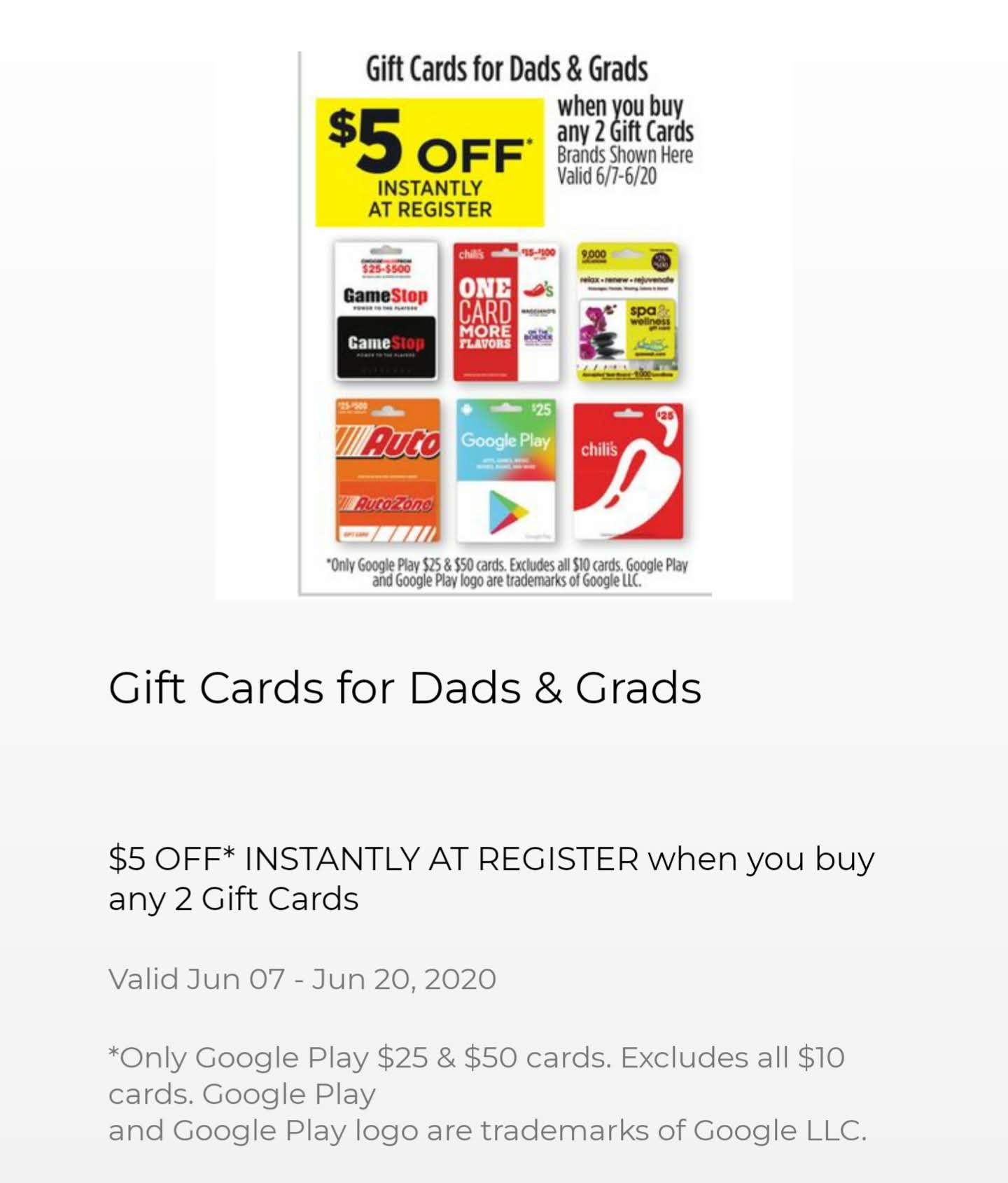 Google Play Gift card 10% off instore @Dollar General plus Autozone, Chilis, Spa Wellness ...