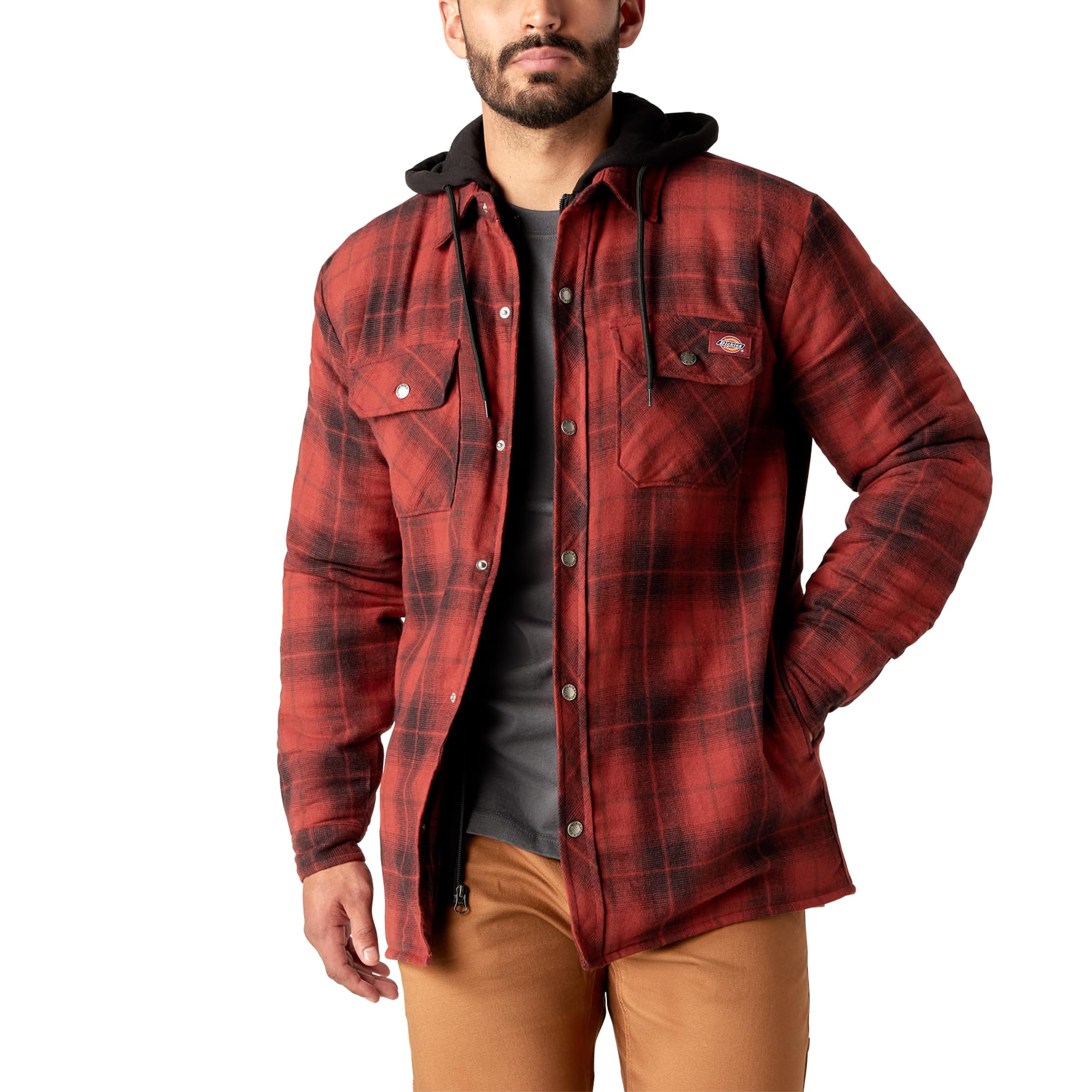 Dickies Men's Water Repellent Flannel Hooded Shirt Jacket, Brick Black Ombre Plaid $19.98