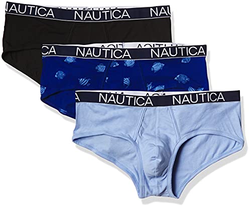 Nautica mens 3 Pack Cotton Stretch Briefs, Black/Coastal Sky/Fish Print-windsurf, Medium US $13.54