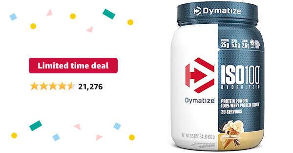 $20. Limited-time deal for Prime Members: Dymatize I be SO100 Hydrolyzed Protein Powder, 100% Whey Isolate , 25g of Protein, 5.5g BCAAs, Gluten Free, Fast Absorbing, - $20