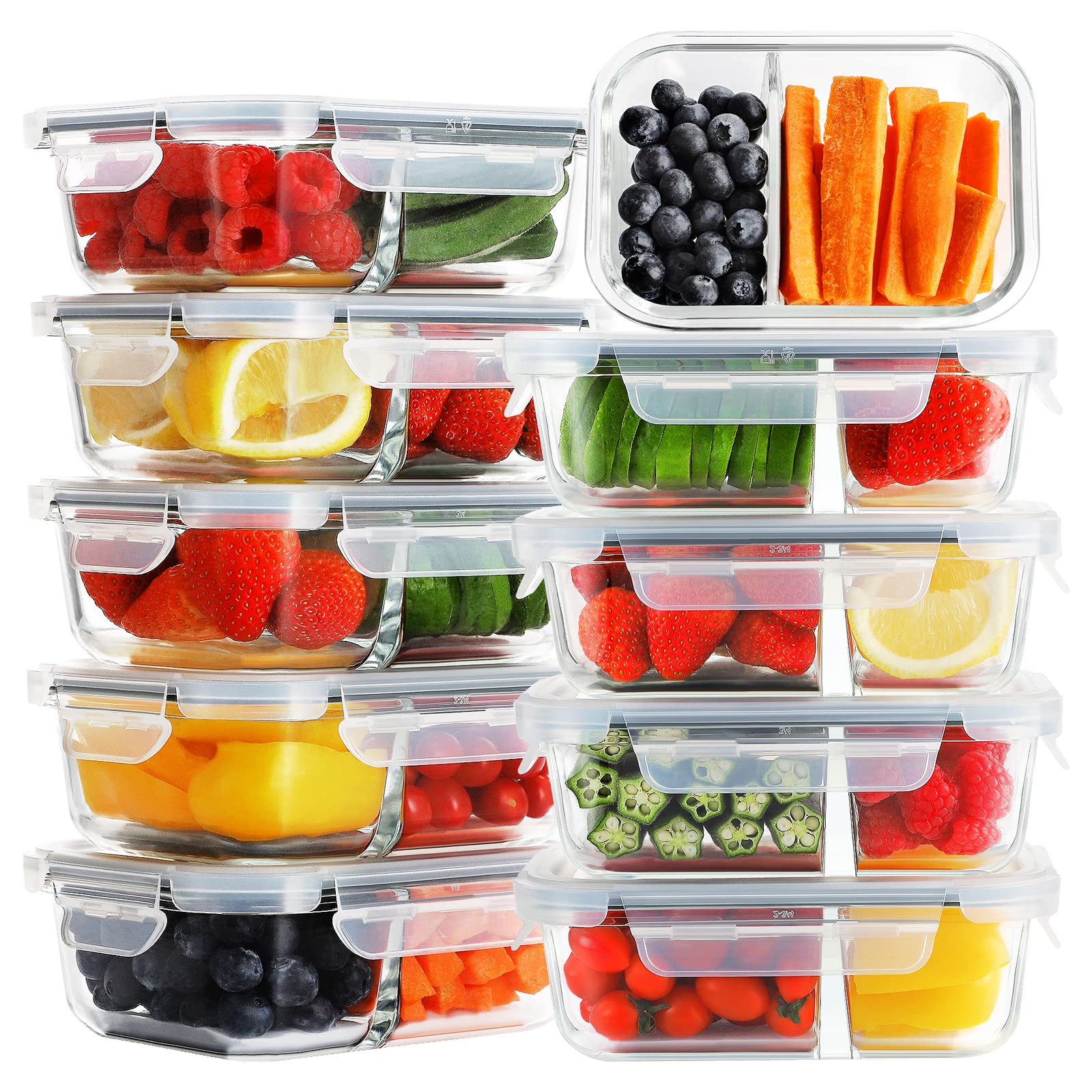 Bayco 10 Pack Glass Meal Prep Containers 2 Compartment, Glass Food Storage Containers with Lids, Airtight Glass Lunch Bento Boxes, BPA-Free & Leak Proof - 22.99 $22.99