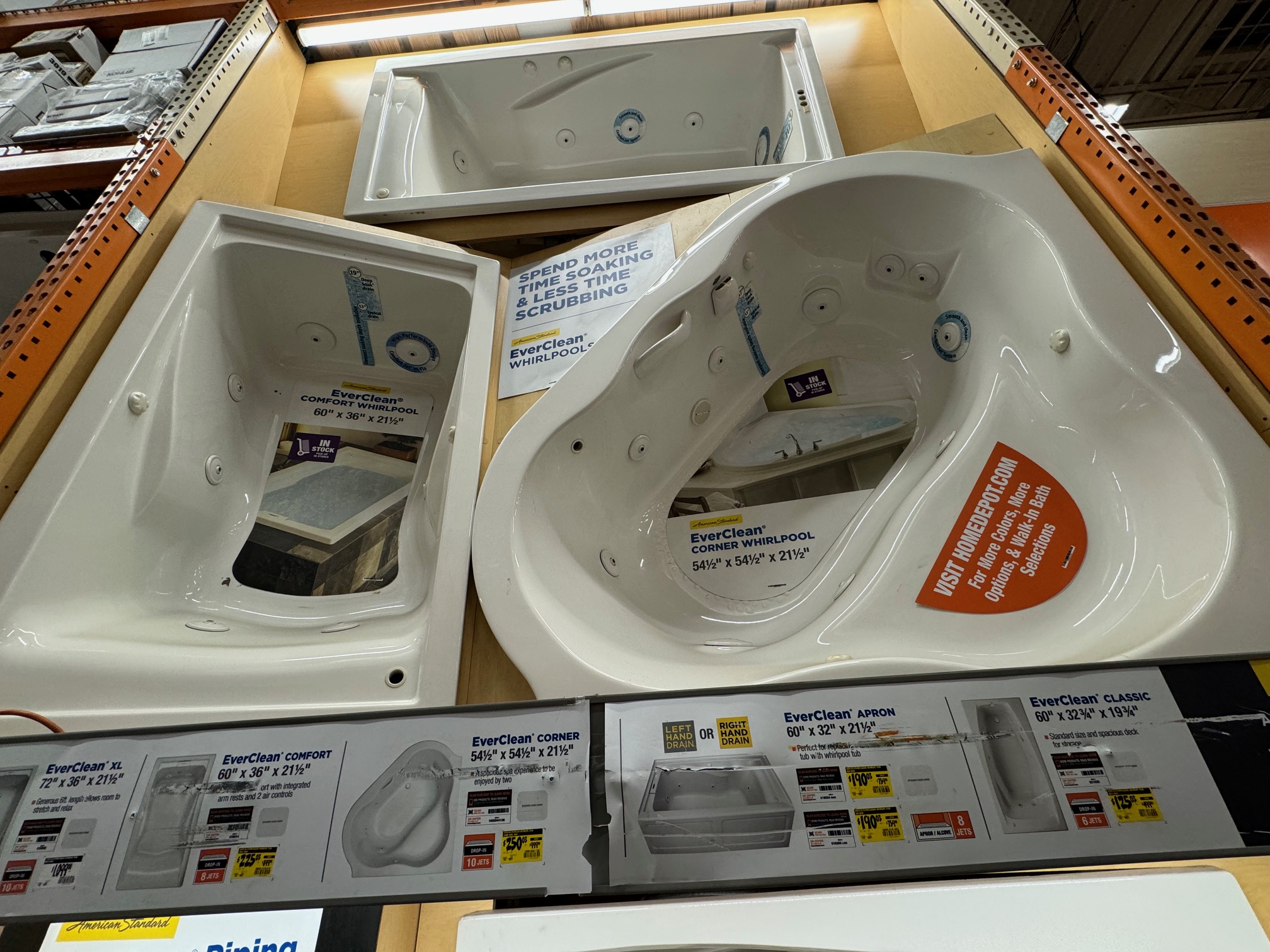 Home Depot YMMV Whirlpool and soaking tubs 75 % off in store $250 Everclean corner 54 1/2 x 54 1/2 x 21 1/2