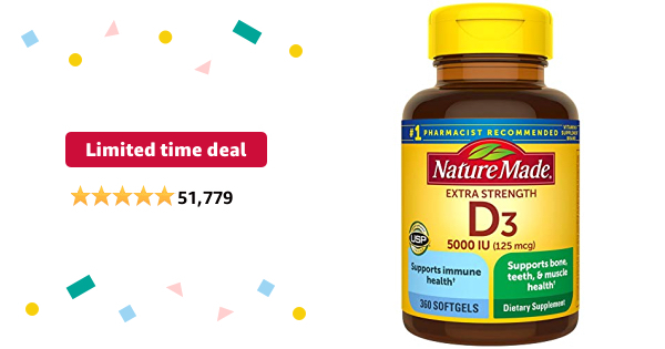 Limited-time deal: Nature Made Extra Strength Vitamin D3 5000 IU (125 mcg), Dietary Supplement for Bone, Teeth, Muscle and Immune Health Support, 360 Softgels, 360 Day Su