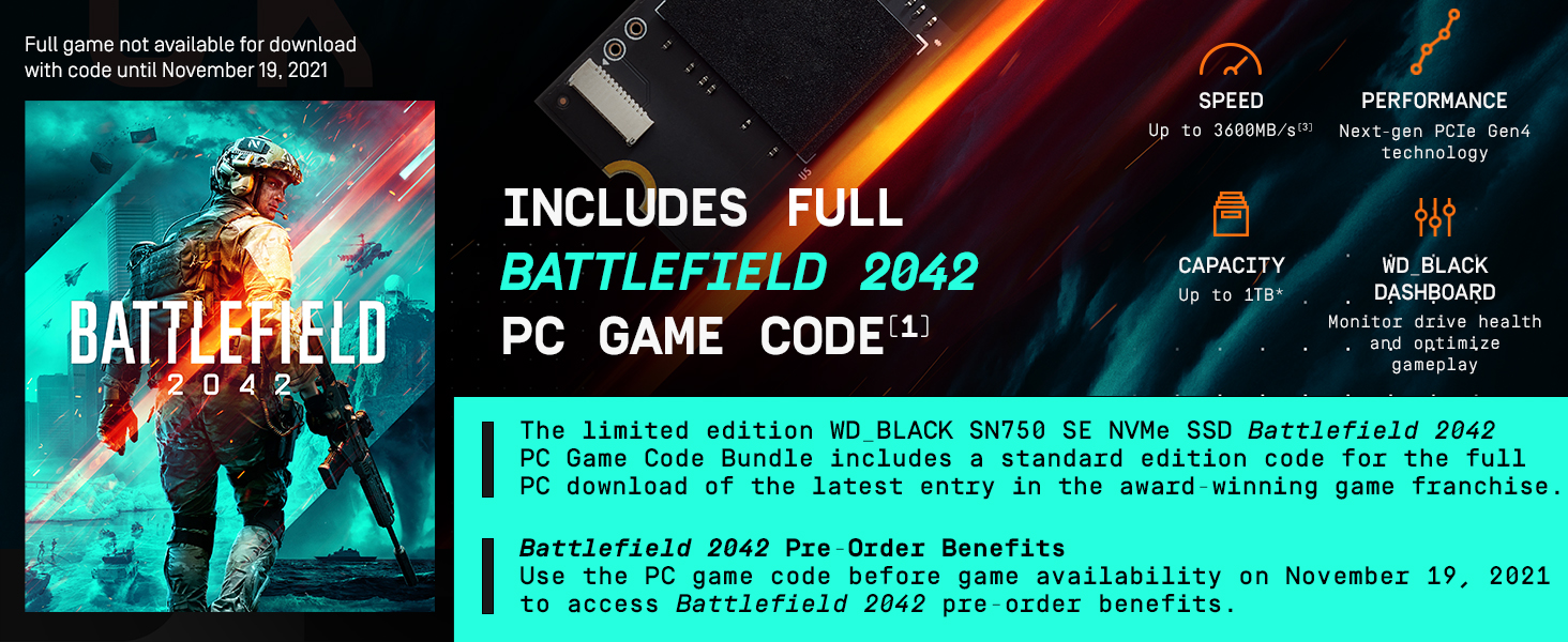 WD_BLACK 1TB SN750 SE NVMe Gen 4 SSD with Battlefield 2042 Game Code Bundle - $129.99