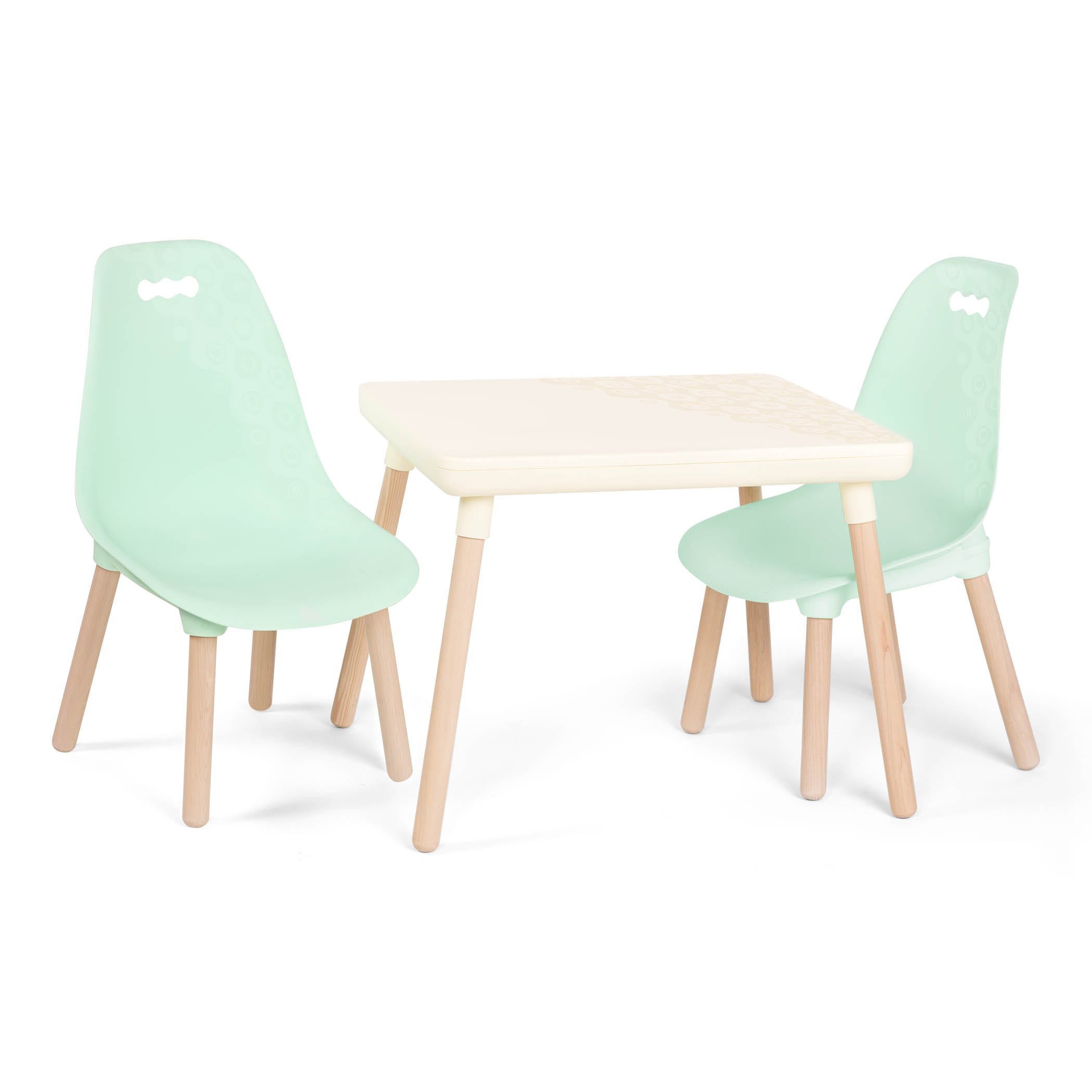B. Spaces by Battat – Kids Furniture Set – 1 Craft Table & 2 Kids Chairs with Natural Wooden Legs (Ivory and Mint) $90.53