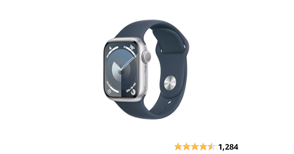 Apple Watch Series 9 [GPS 41mm] Smartwatch with Silver Aluminum Case with Storm Blue Sport Band S/M. Fitness Tracker, Blood Oxygen & ECG Apps, Always-On Retina Display - $389