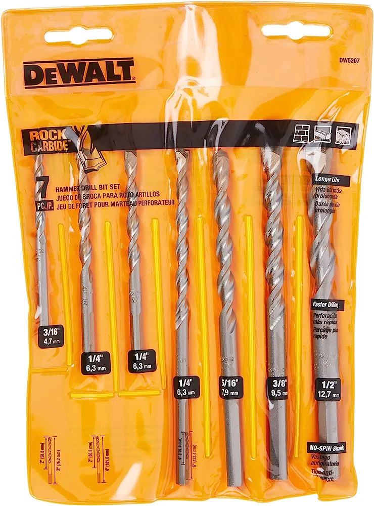 7Piece DeWALT Carbide Masonry Percussion Drill Bit Set