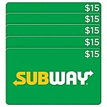 Costco Members: 5-Pack $15 Subway eGift Cards (Email Delivery) $55