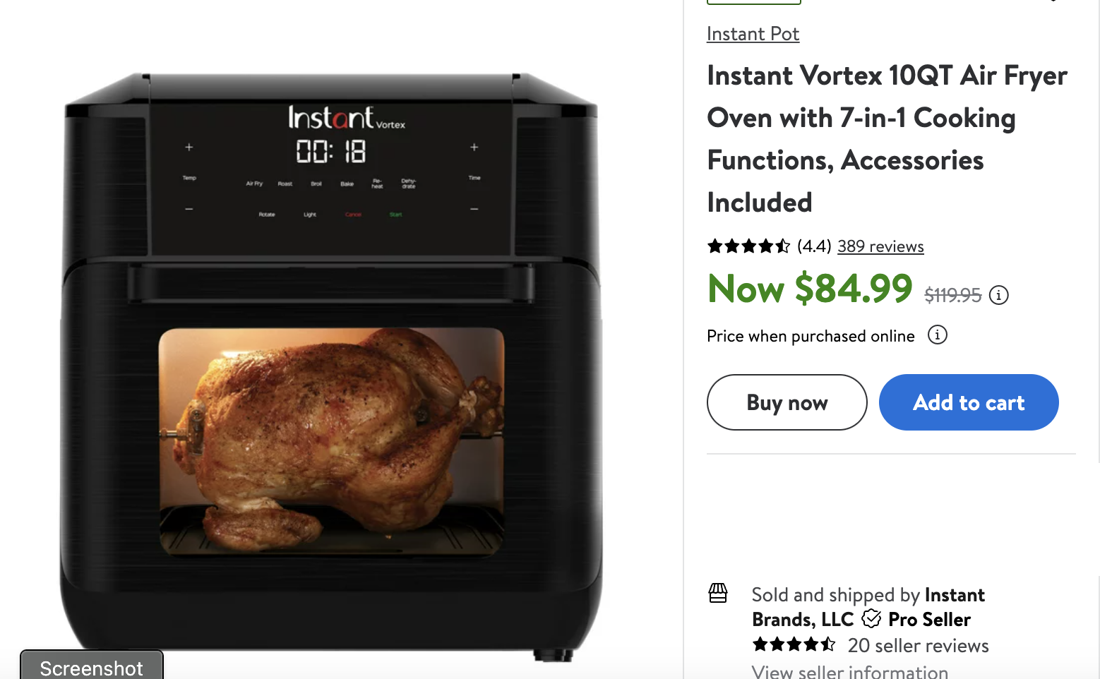 Instant Vortex 10QT Air Fryer Oven with 7-in-1 Cooking Functions, Accessories Included $84.99