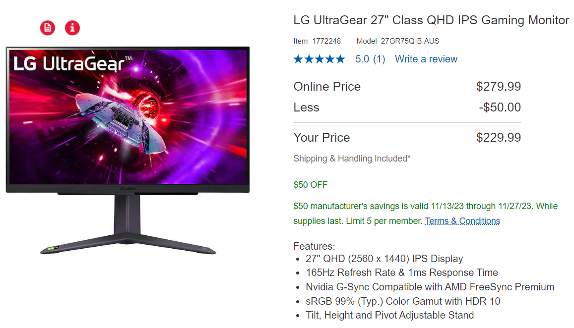 [Costco]LG UltraGear 27" Class QHD IPS Gaming Monitor 230