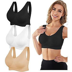 3-Pack YADIFEN Seamless Wireless Sports Bras w/ Removable Pads (Black/White/Beige, Size: S-4XL) $10.49 + Free Shipping w/ Prime or on $35+