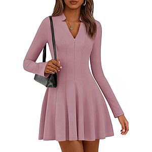 Lazysmile Women's A-Line Long Sleeve Mini Dress w/ Half Zip V Neck (Various)