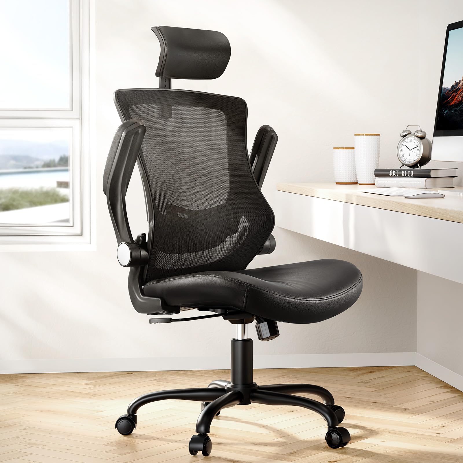 Marsail Office Chair Ergonomic Desk-Chair with PU Leather Seat,Adjustable Lumbar Support&Flip-up Armrests, Adjustable Height,Black $99.89