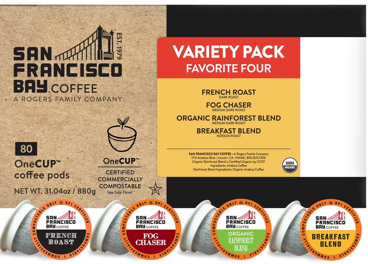 San Francisco Bay Compostable Coffee Pods - Original Variety Pack (80 Ct) K Cup Compatible including Keurig 2.0, French, Breakfast, Fog, Organic Rainforest $29.24
