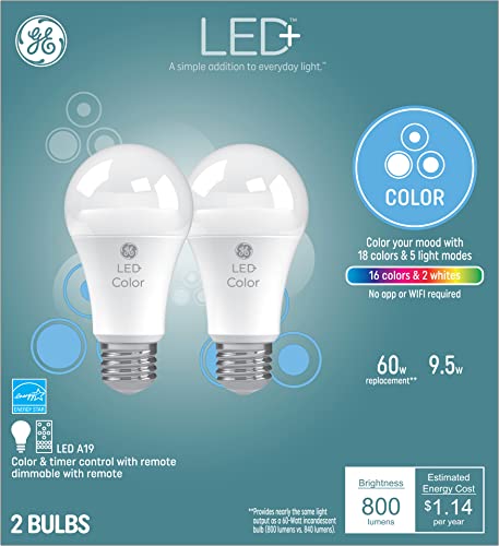 GE LED+ Color Changing Light Bulbs, 18 Colors & 5 Light Modes, No App or Wi-Fi Required, Remote Included, A19 (2 Pack) $11.47