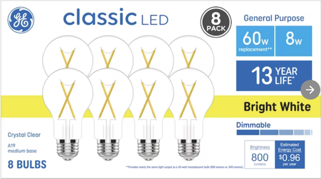 YMMV - GE Classic 60-Watt A19 Bright White - Dimmable LED Light Bulb (8-Pack) 3500K - $8.07