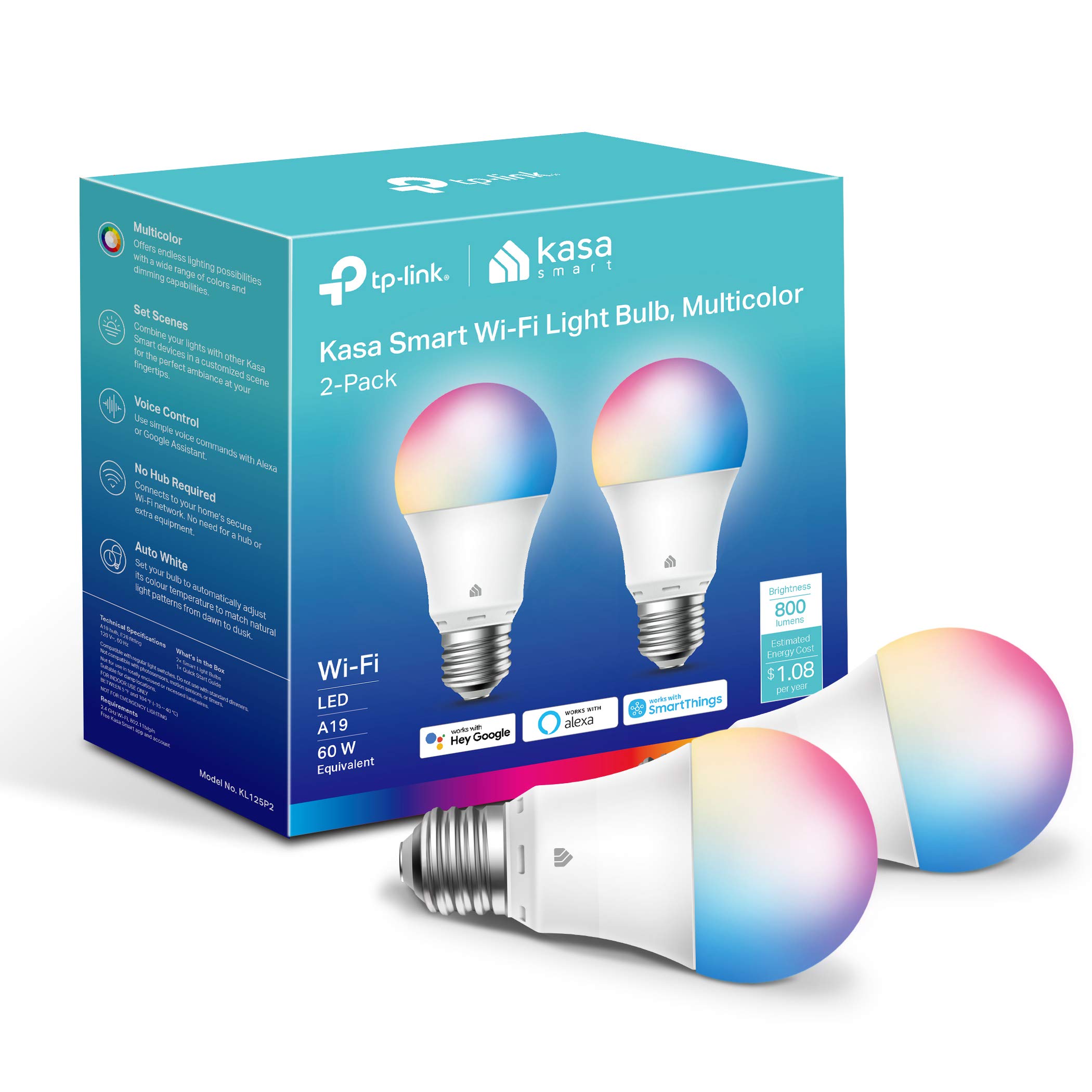 Kasa Full Color Changing Dimmable Smart WiFi Bulbs 2-Pack for $14.99