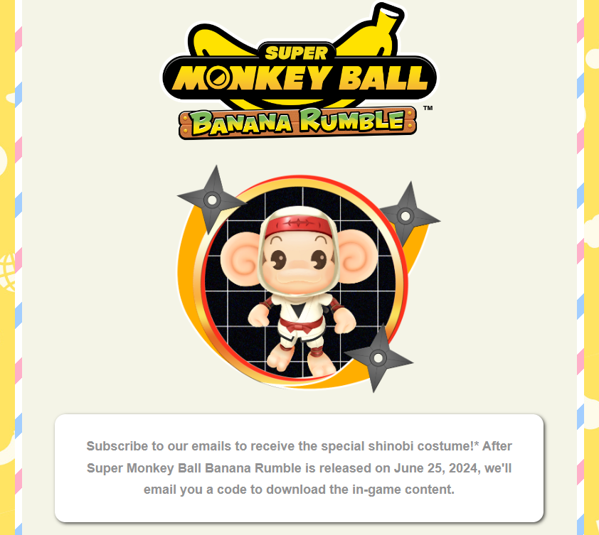 Shinobi costume for Super Monkey Ball Banana Runmble FREE after email signup
