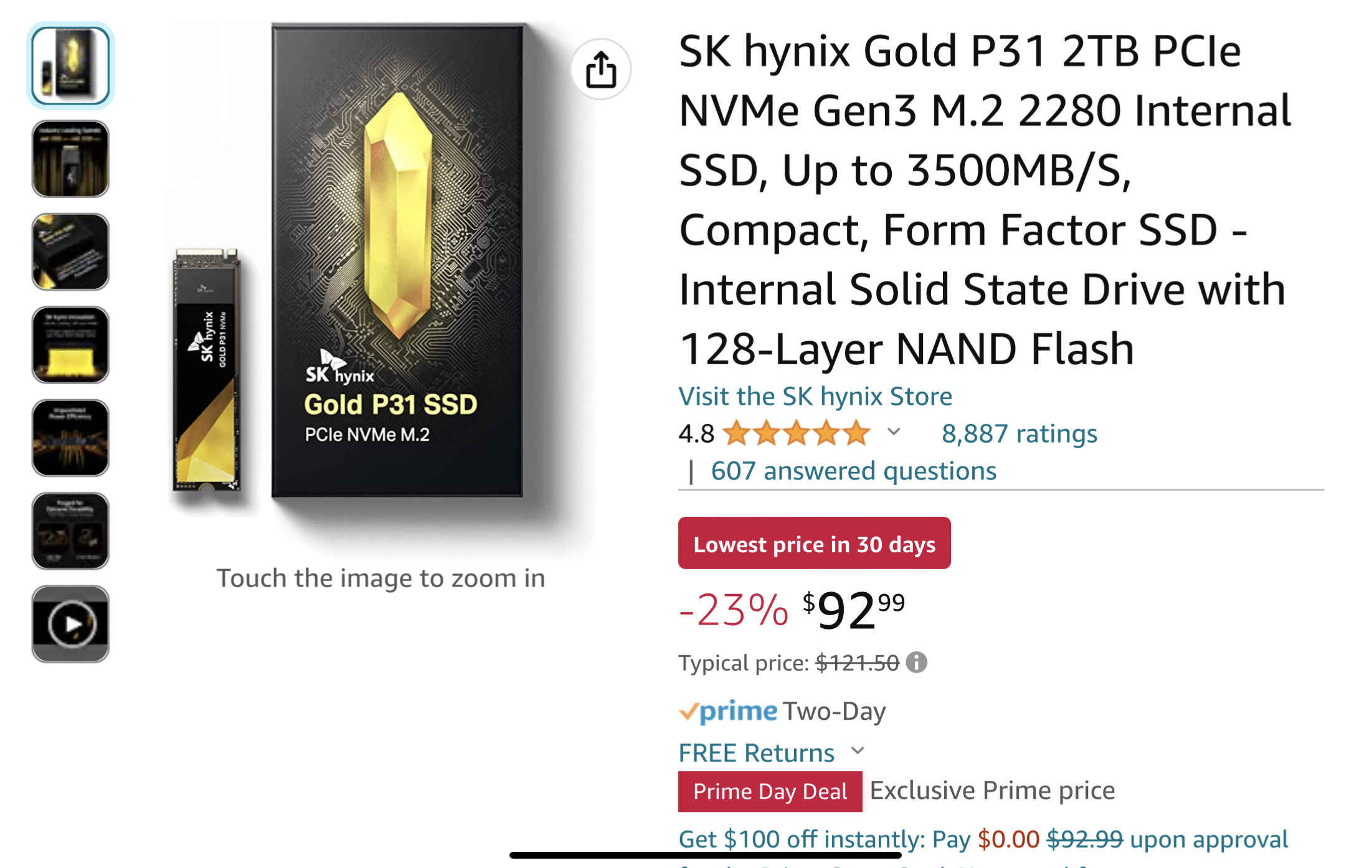 SK hynix Gold P31 2TB NVMe Gen3 M.2 2280 Internal SSD $92.99