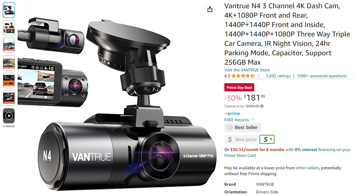 30% off Vantrue N4 3 Channel 4K Dash Cam, 4K+1080P Front and Rear, 1440P+1440P Front and Inside, 1440P+1440P+1080P Three Way Triple Car Camera, IR Night Vision $259.99