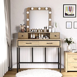 Abdulaleem Makeup Vanity Table w/ Dimmable Lighted Mirror and 4 Drawers (Brown) $110 & More + Free Shipping